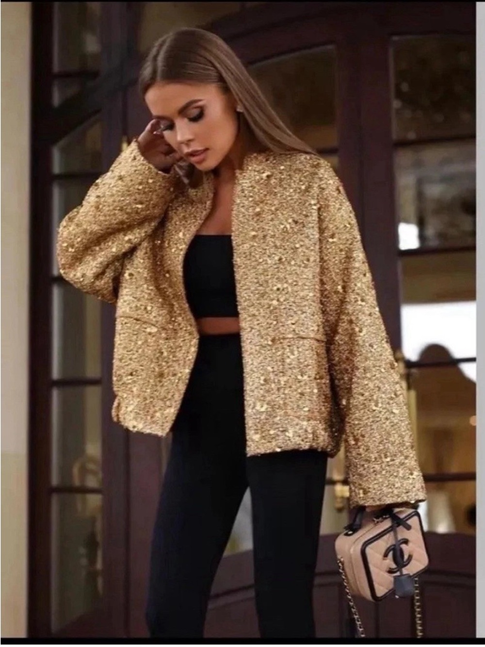 Zara Gold Sequin Tweed Jacket, size M